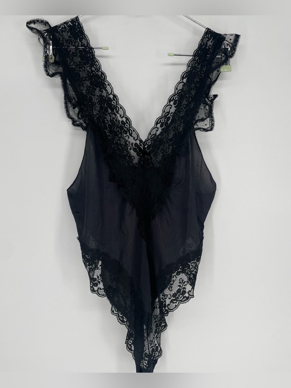 Vintage 80s Joan Collins Black Nylon Ruffle Lace Lingerie Teddy Bodysuit